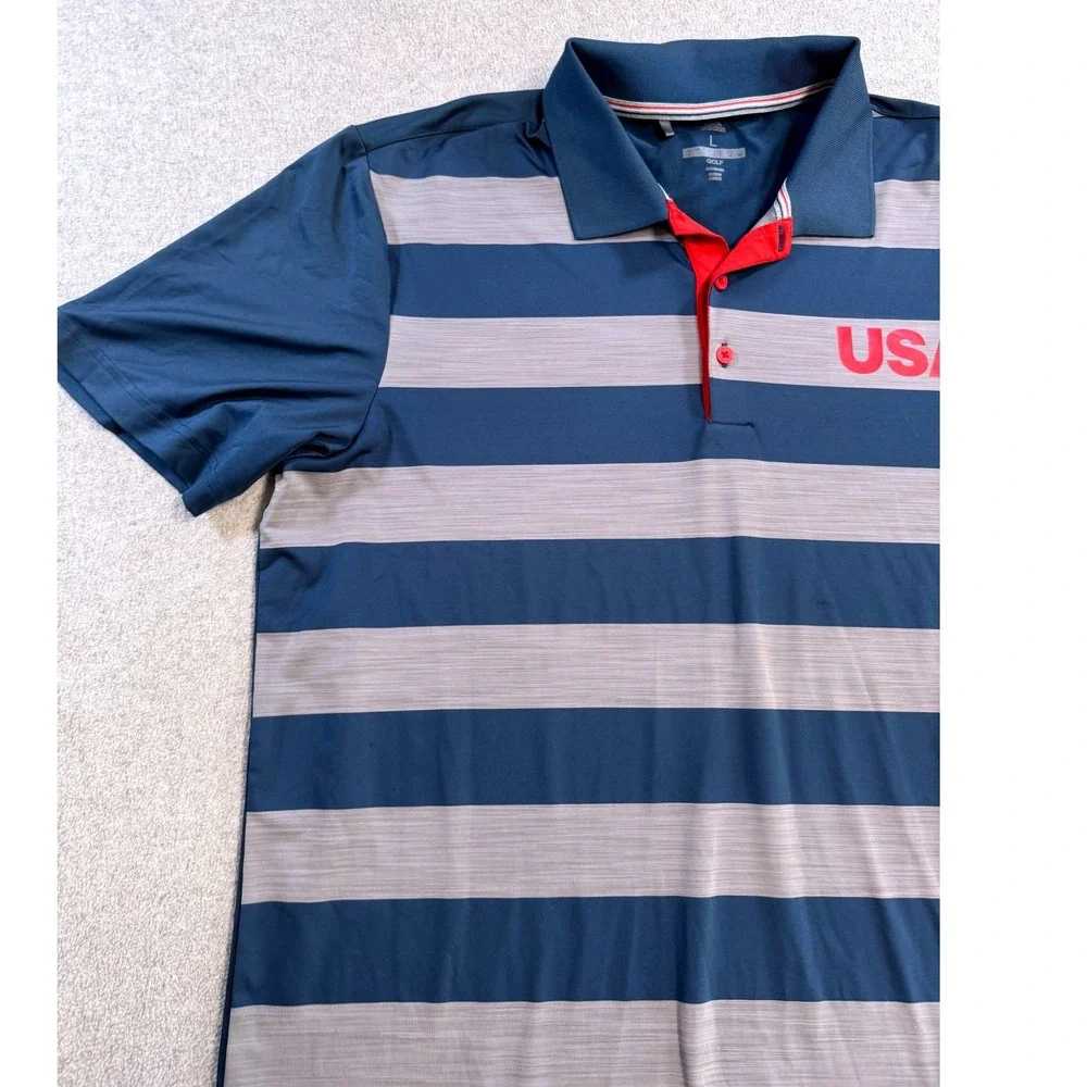 Adidas Golf Polo Shirt Mens Large Blue Gray Striped USA Performance Short Sleeve